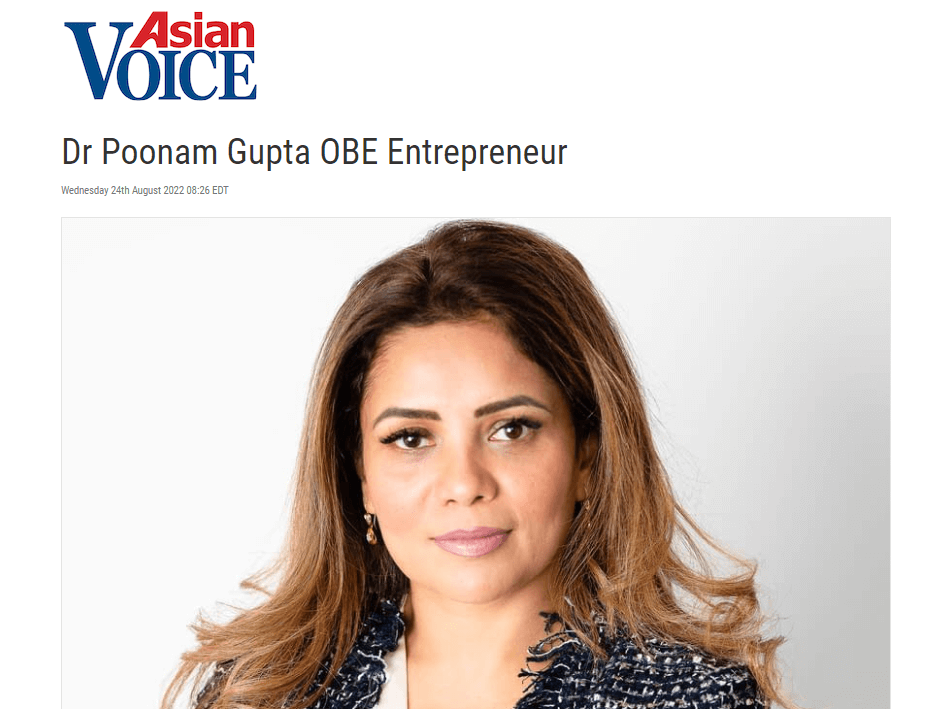 Asian Voice - Poonam Gupta OBE headline.